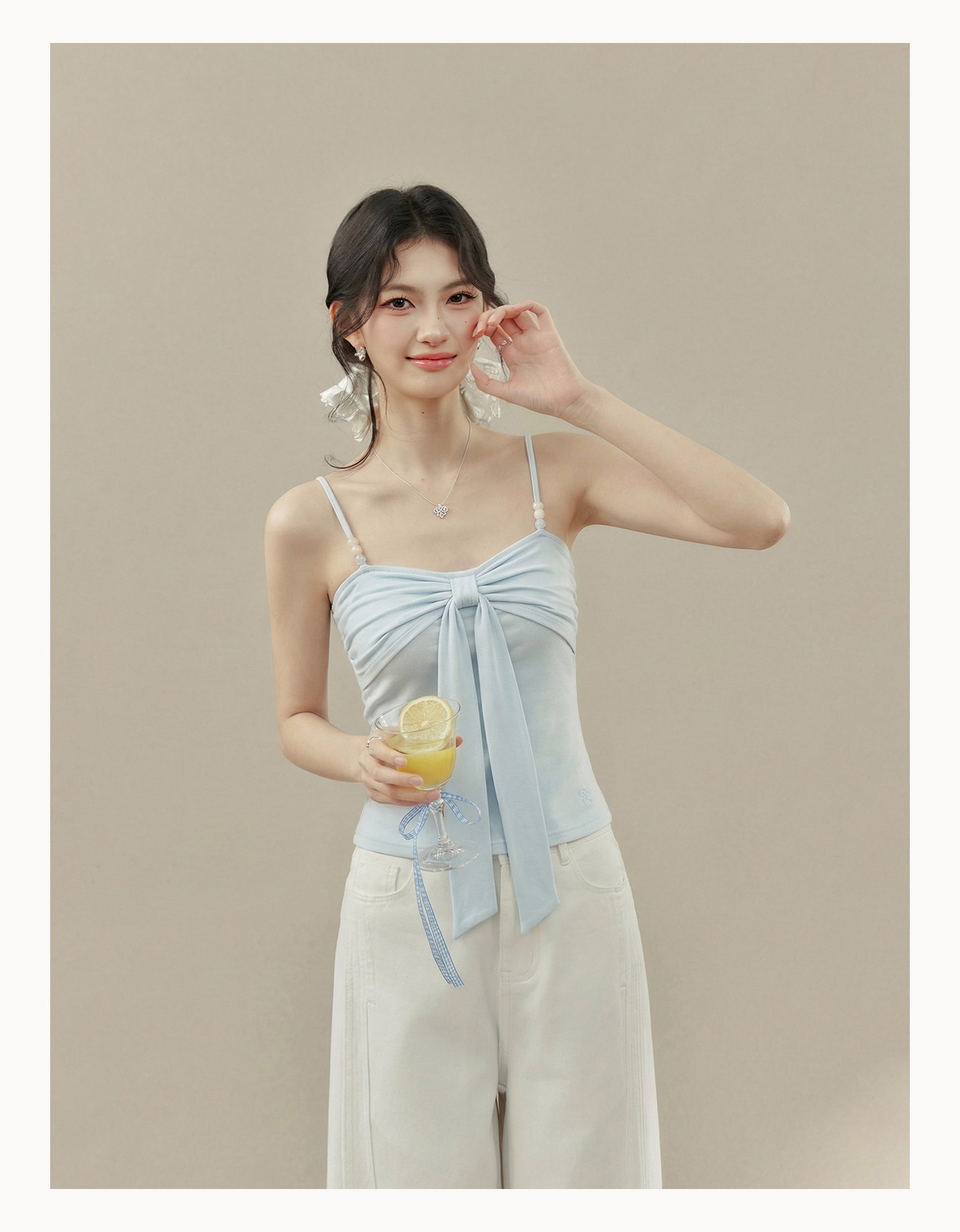 Light Blue Beaded Bow Cami Top