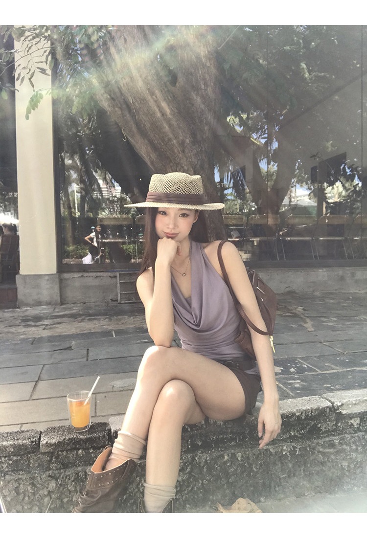 Gray Purple Halter Tank Top