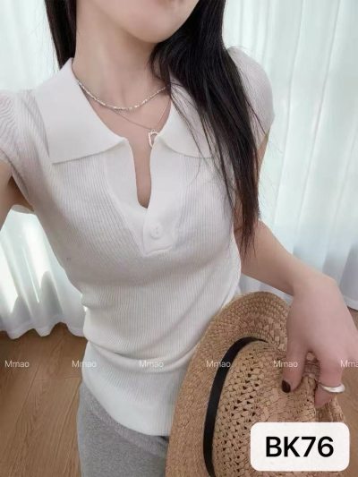 Turn-down Collar One-button Slim Short Sleeve Knit Top