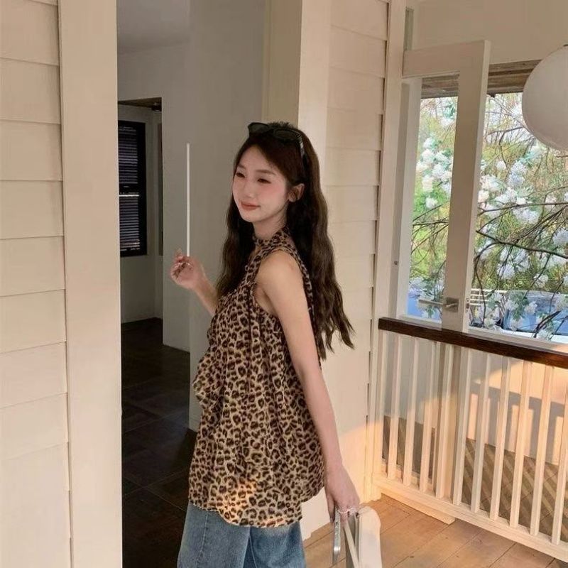 Leopard Halter Ruffle Tank Top