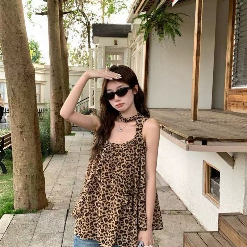 Leopard Halter Ruffle Tank Top