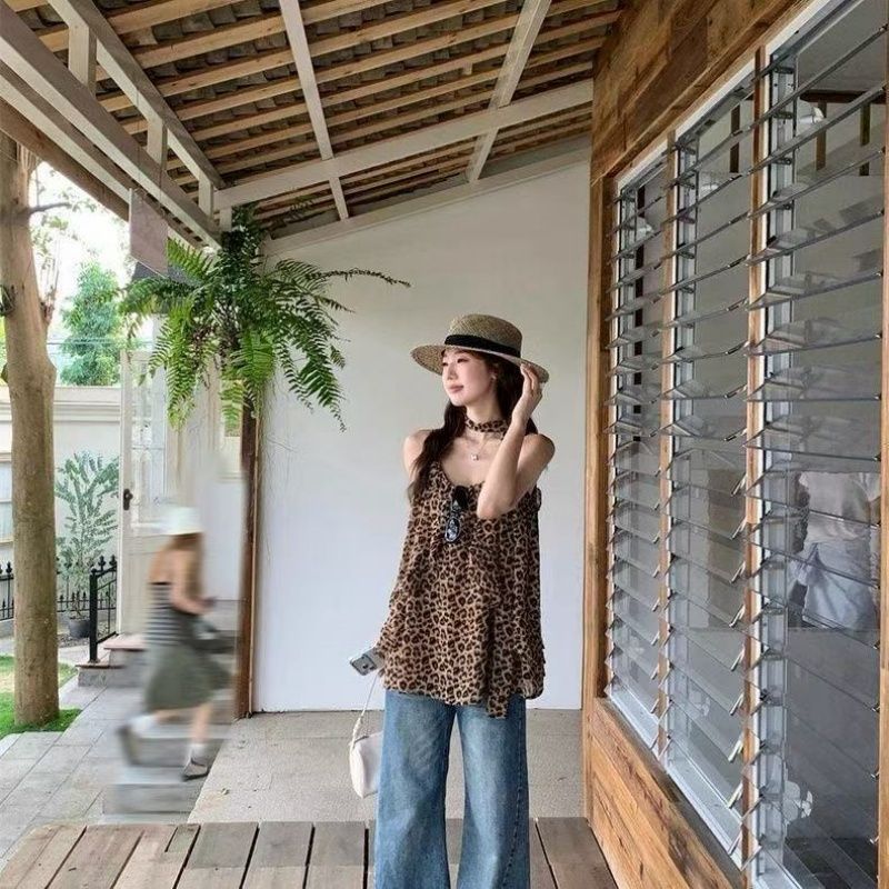 Leopard Halter Ruffle Tank Top