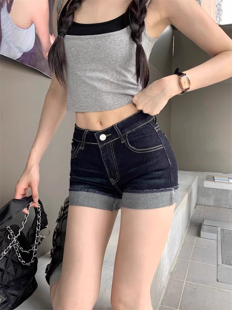 High Waist Slim Dark Blue Denim Shorts