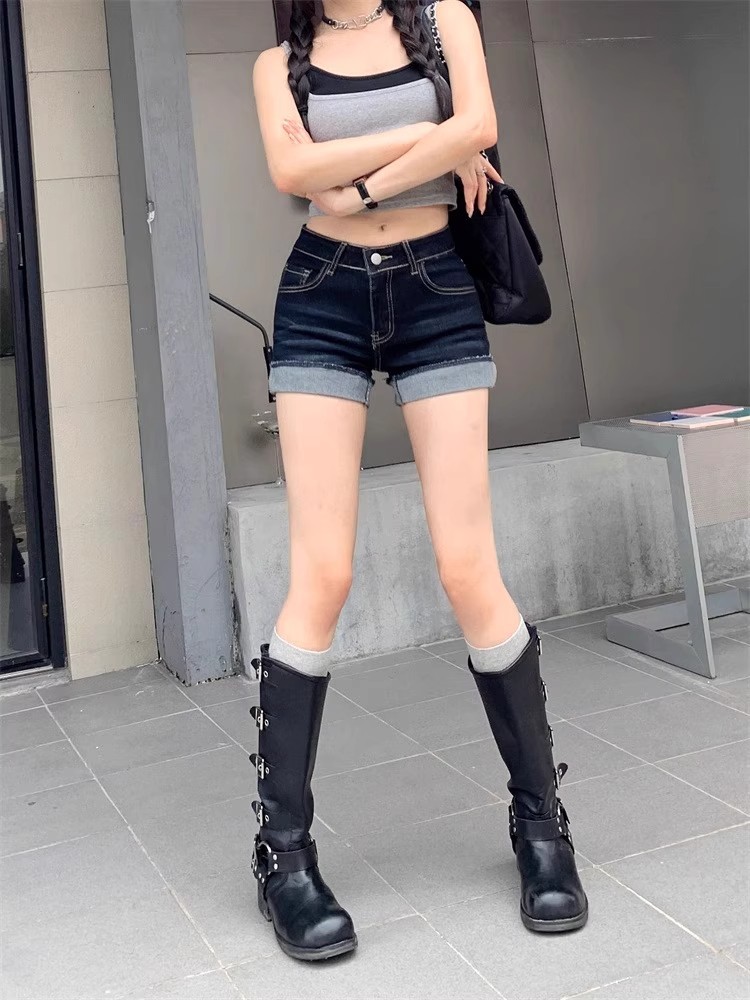 High Waist Slim Dark Blue Denim Shorts