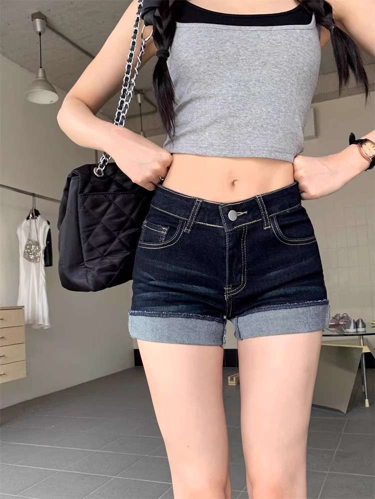 High Waist Slim Dark Blue Denim Shorts