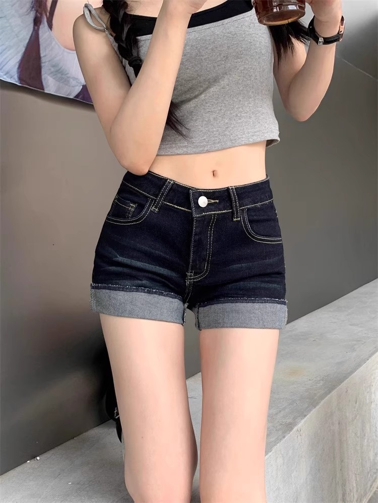 High Waist Slim Dark Blue Denim Shorts