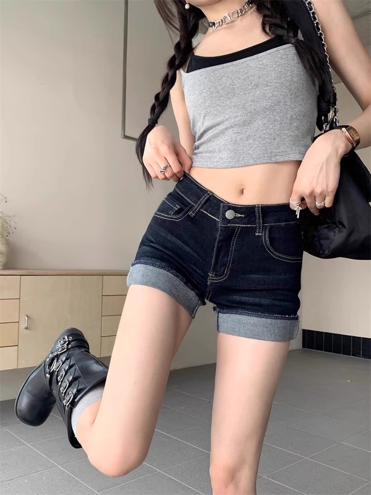 High Waist Slim Dark Blue Denim Shorts