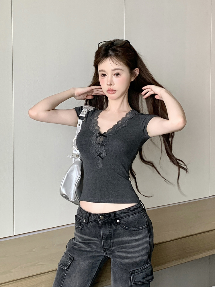 Dark Gray Lace V-neck Slim Tee