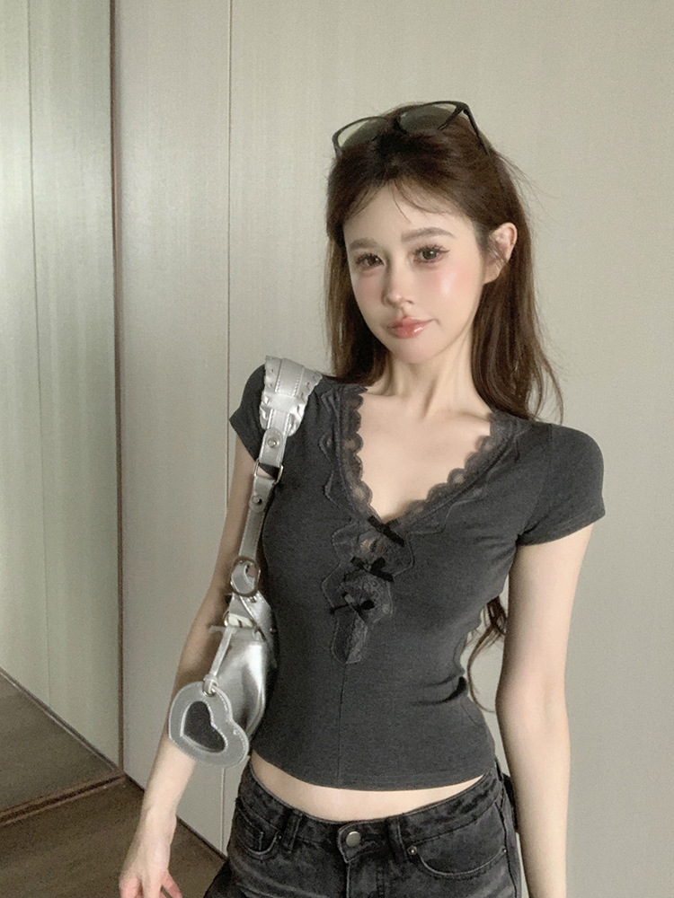 Dark Gray Lace V-neck Slim Tee