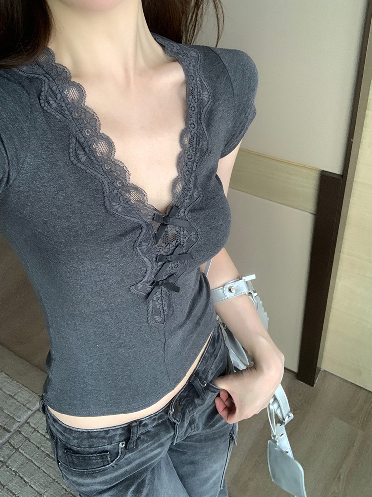 Dark Gray Lace V-neck Slim Tee
