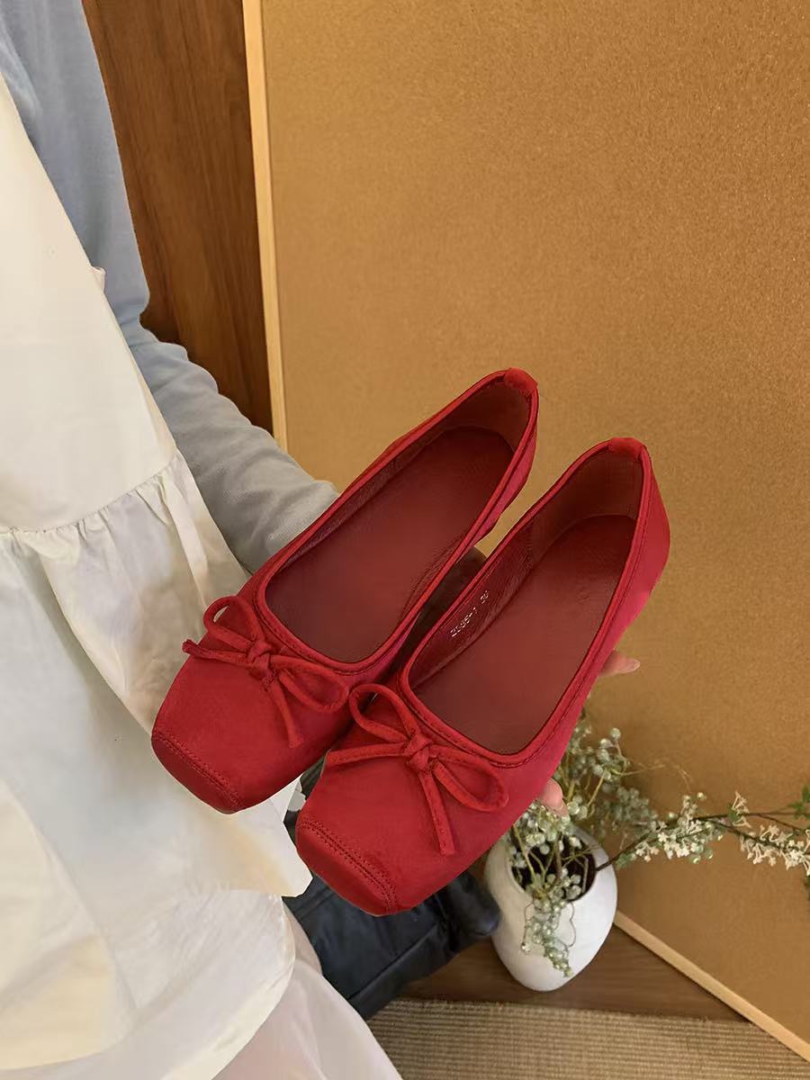Velvet Bow Low Heel Lady Shoes