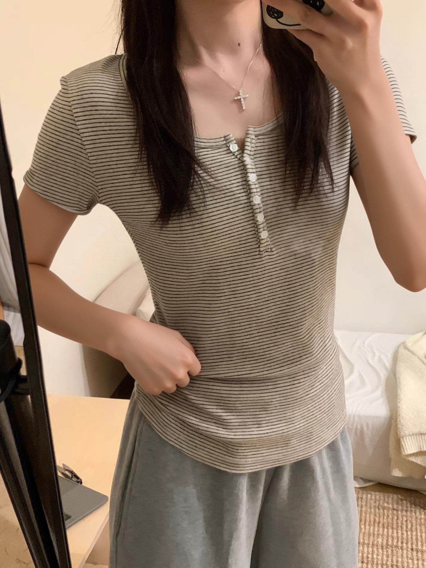 Women's Striped Henley T-Shirt
