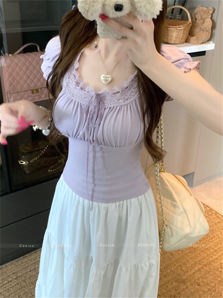 Purple White Lace Square Neck Slim T-Shirt