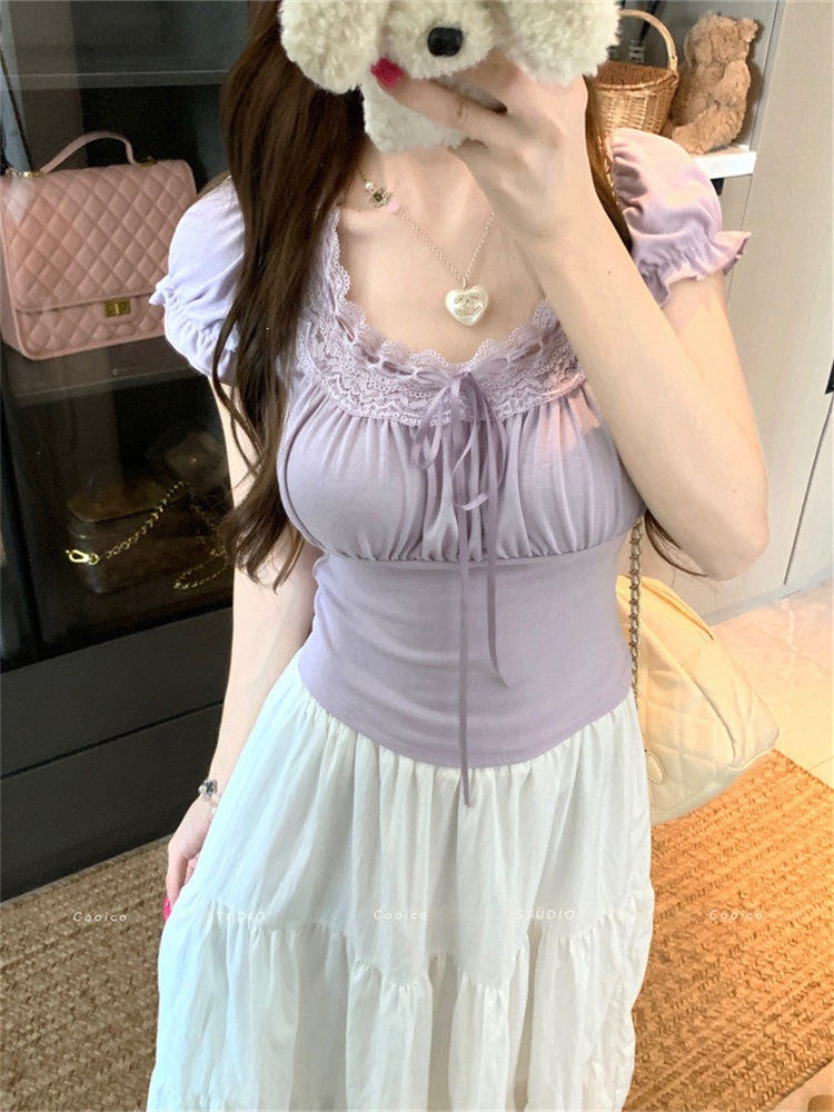 Purple White Lace Square Neck Slim T-Shirt