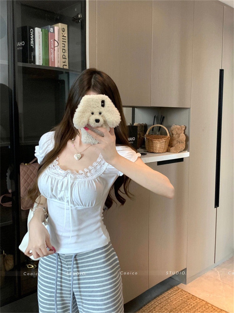 Purple White Lace Square Neck Slim T-Shirt