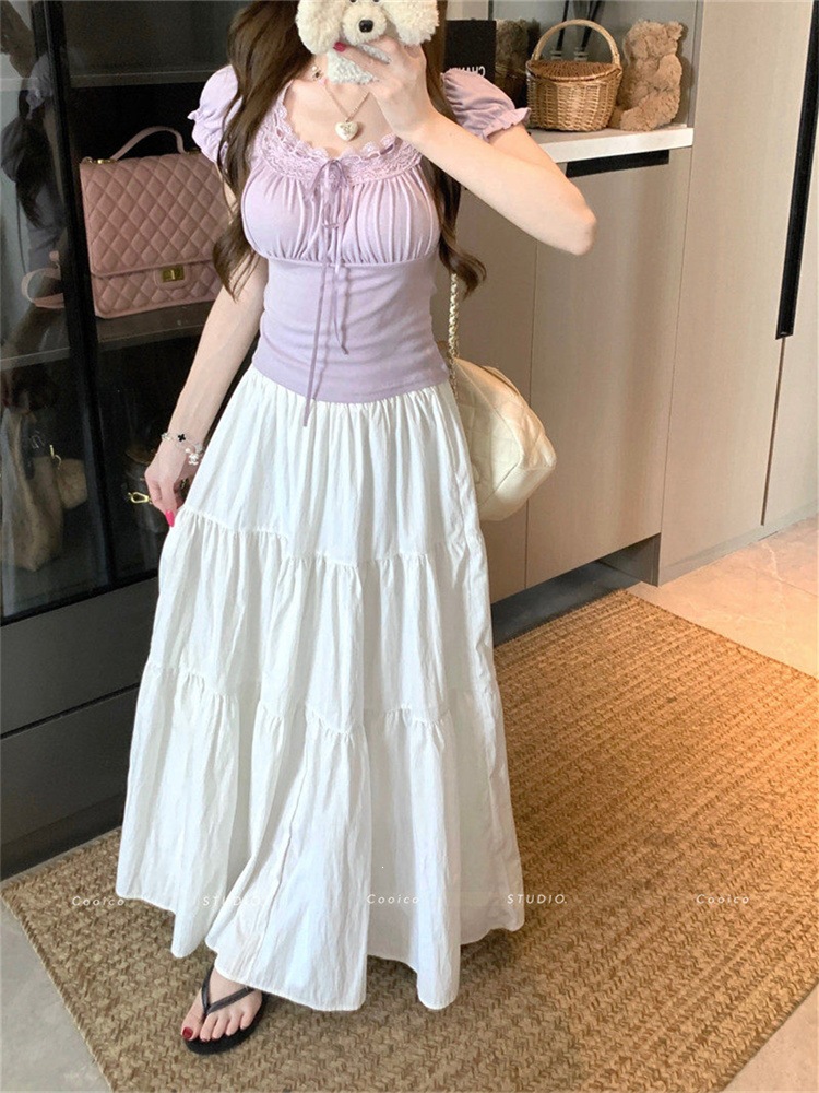 Purple White Lace Square Neck Slim T-Shirt