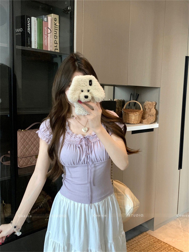 Purple White Lace Square Neck Slim T-Shirt