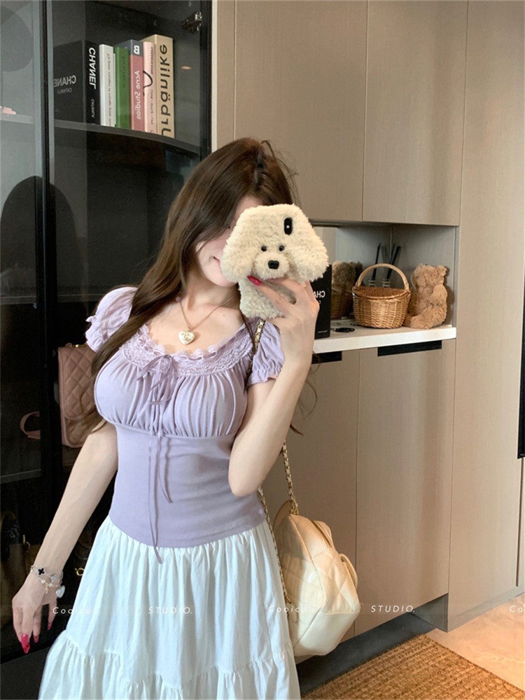 Purple White Lace Square Neck Slim T-Shirt