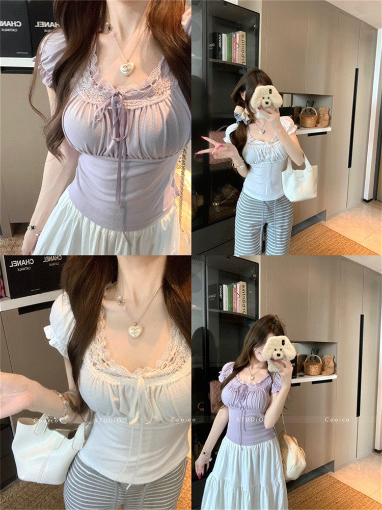 Purple White Lace Square Neck Slim T-Shirt