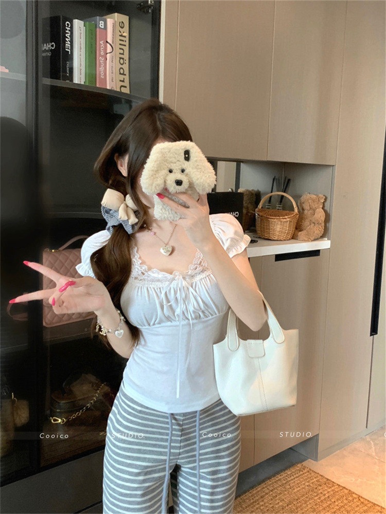 Purple White Lace Square Neck Slim T-Shirt