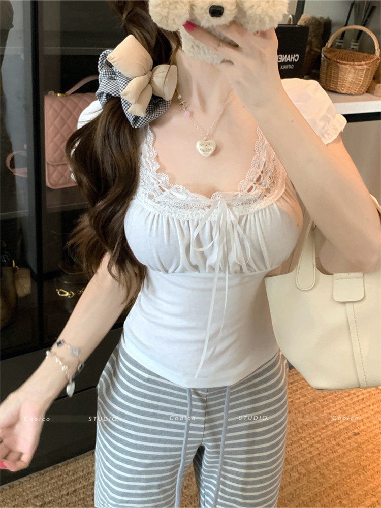 Purple White Lace Square Neck Slim T-Shirt