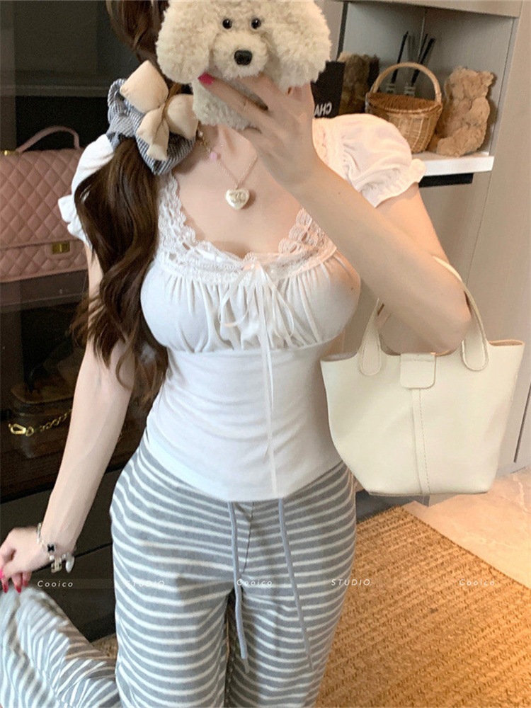 Purple White Lace Square Neck Slim T-Shirt