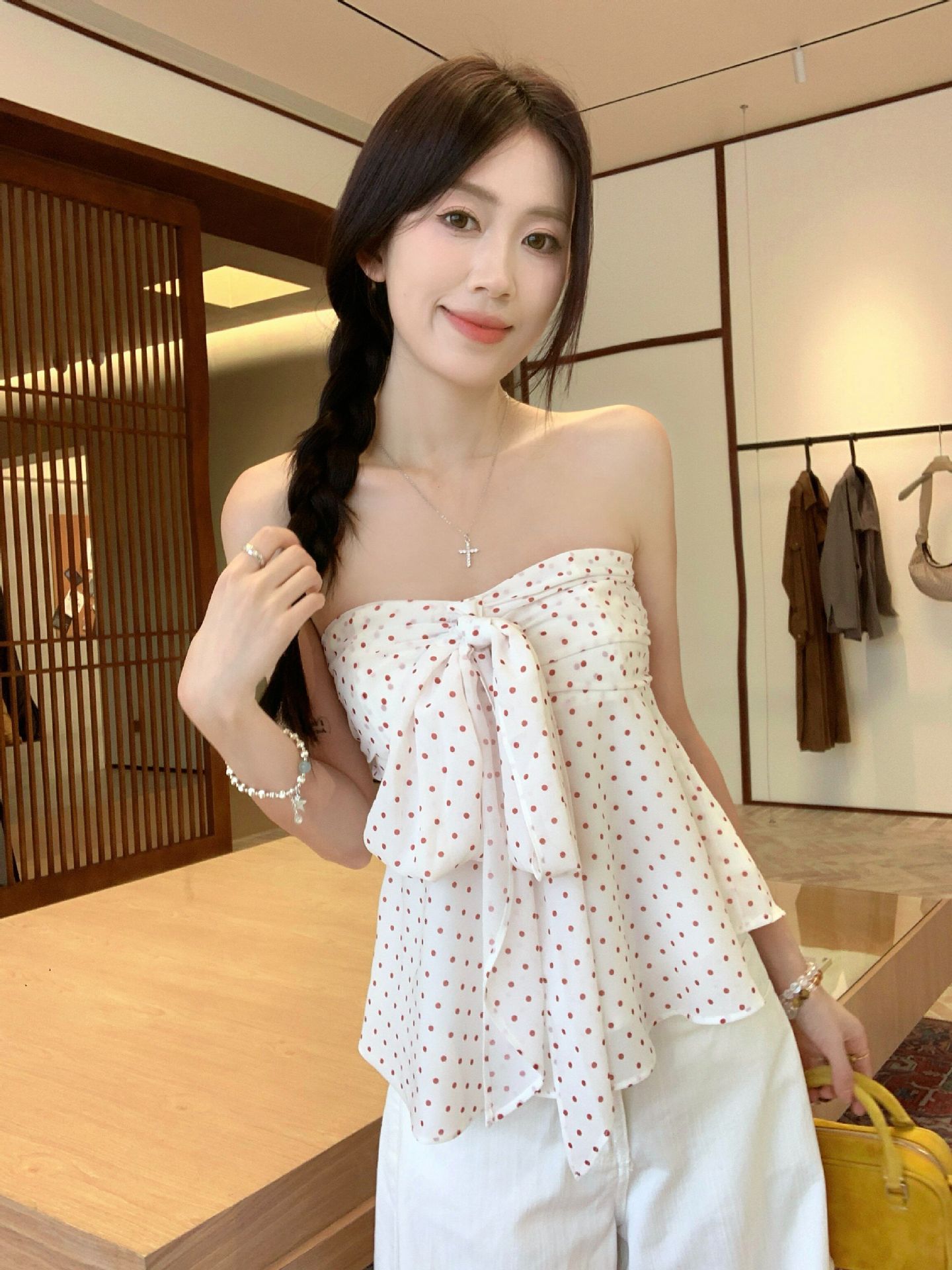 White Polka Dot Bow Crop Top