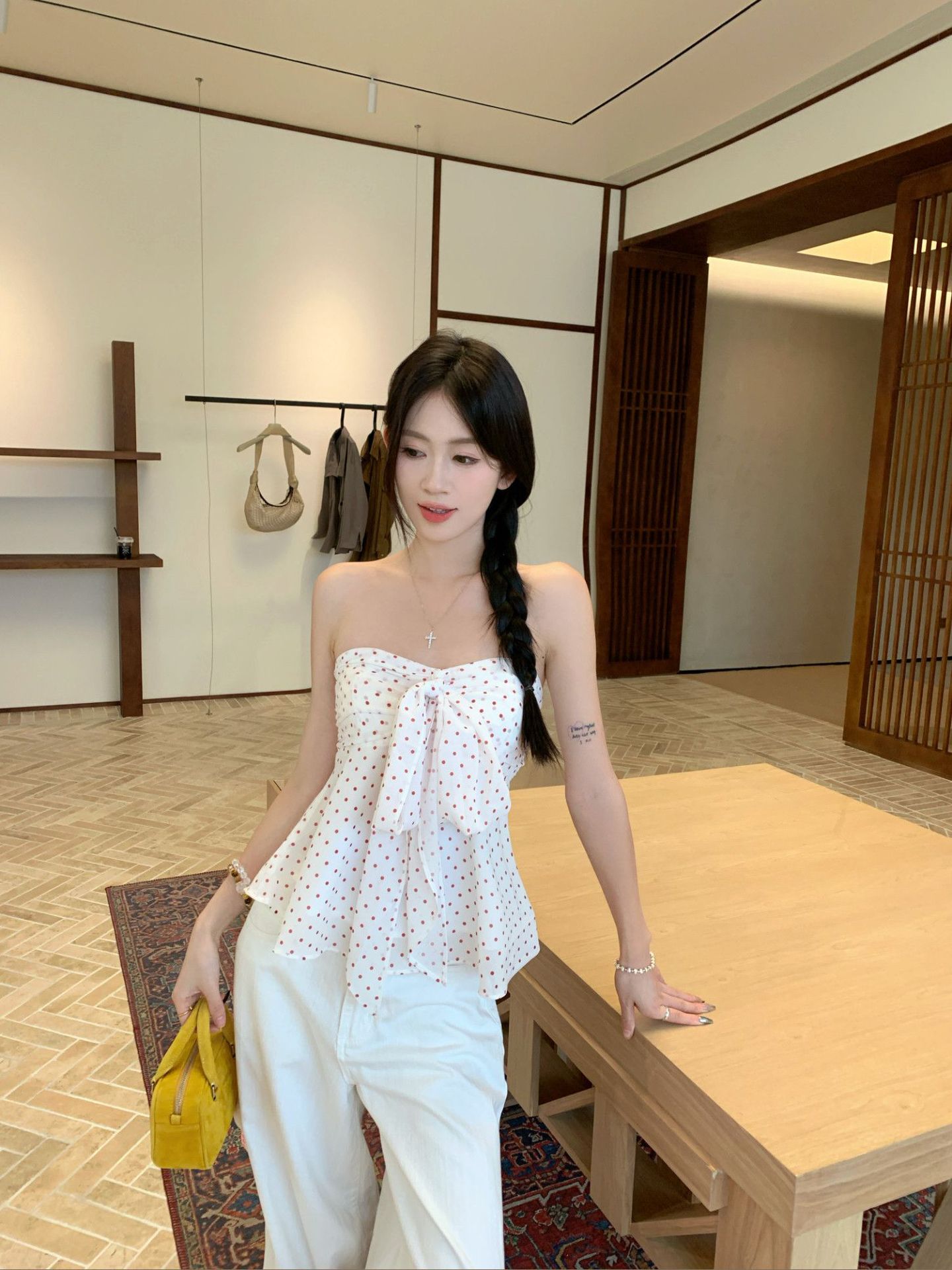 White Polka Dot Bow Crop Top