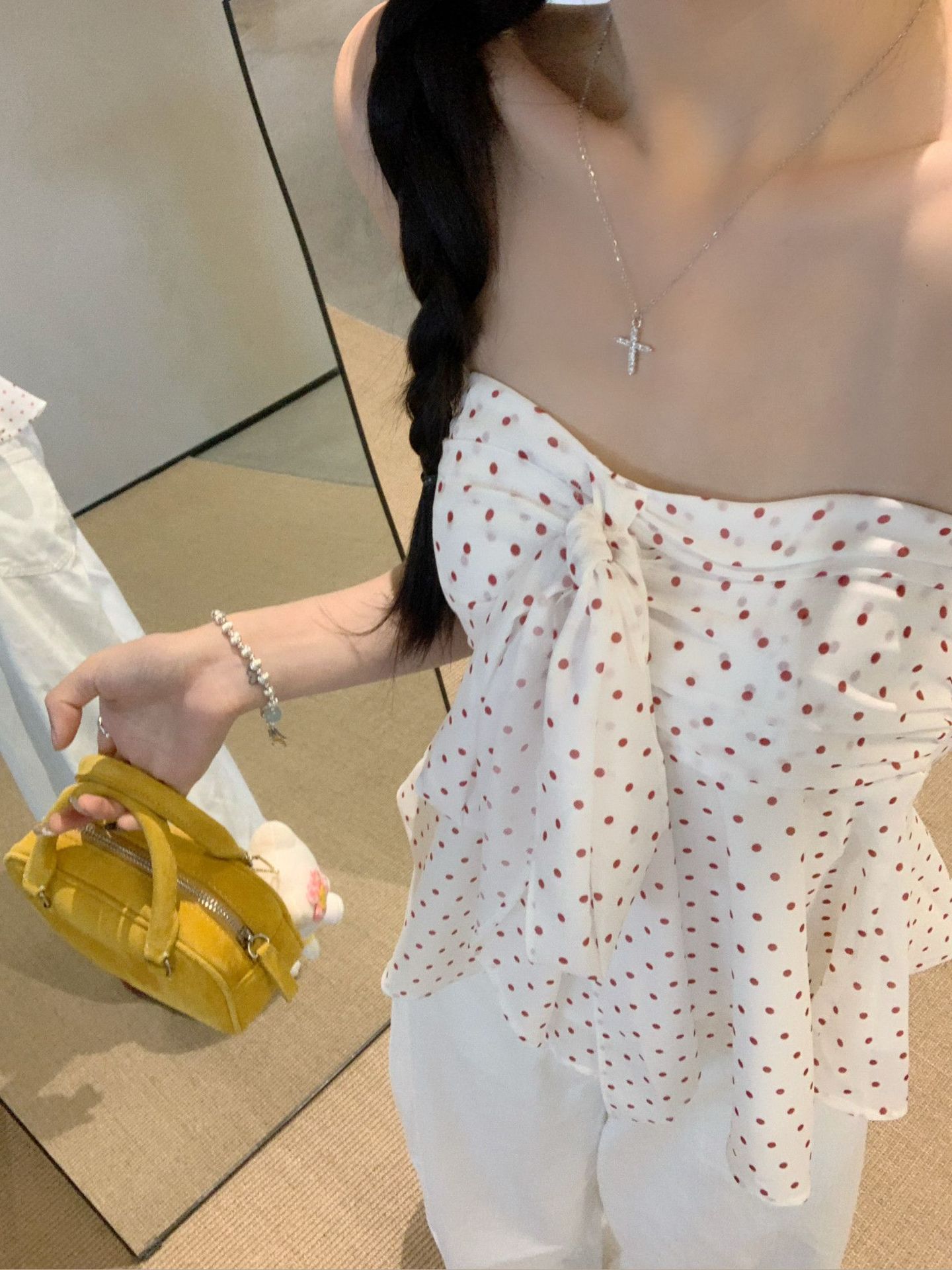 White Polka Dot Bow Crop Top