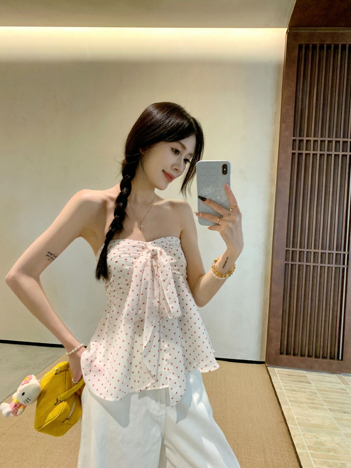 White Polka Dot Bow Crop Top