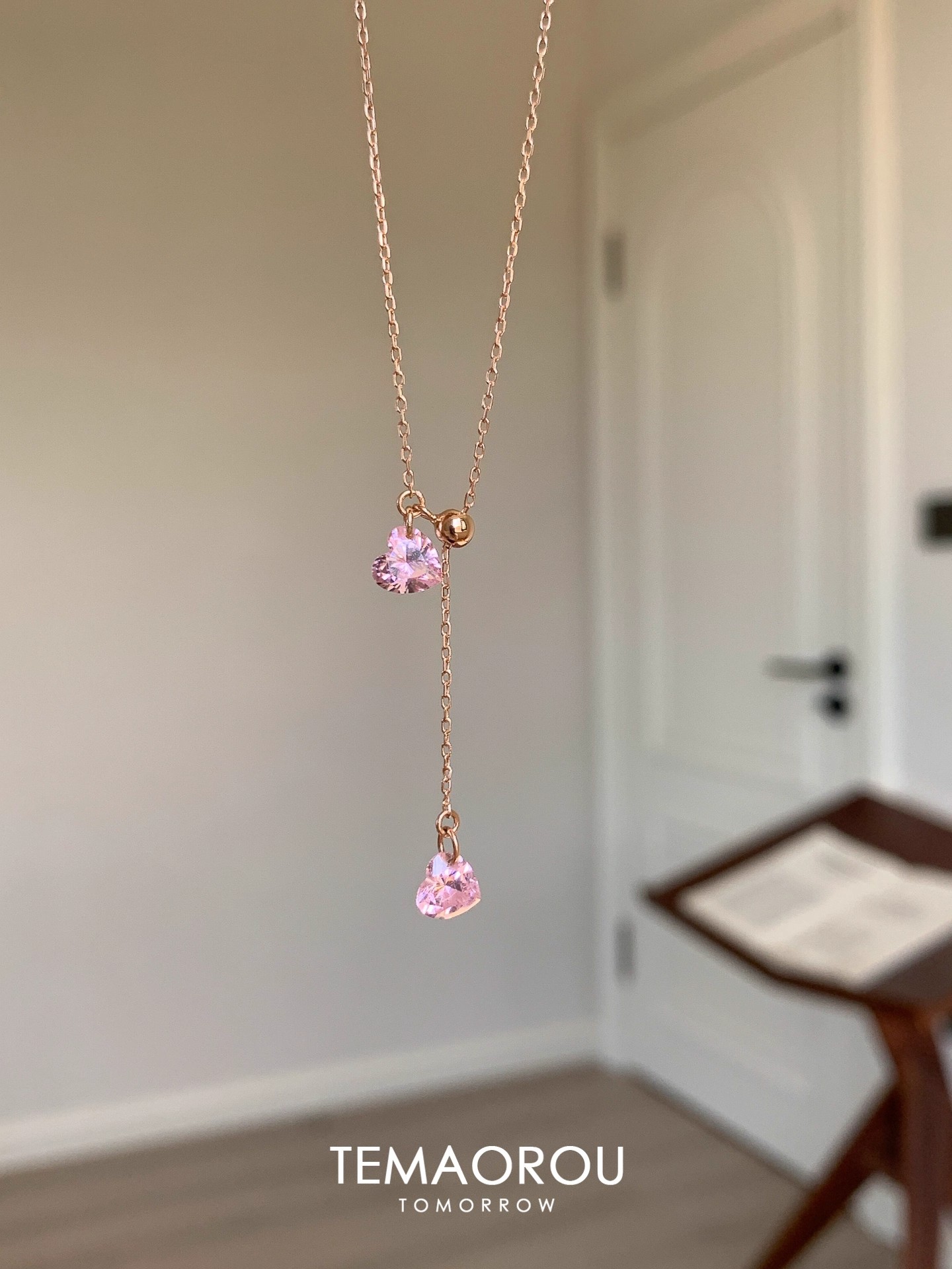 Rose Gold Pink Heart Zircon Necklace