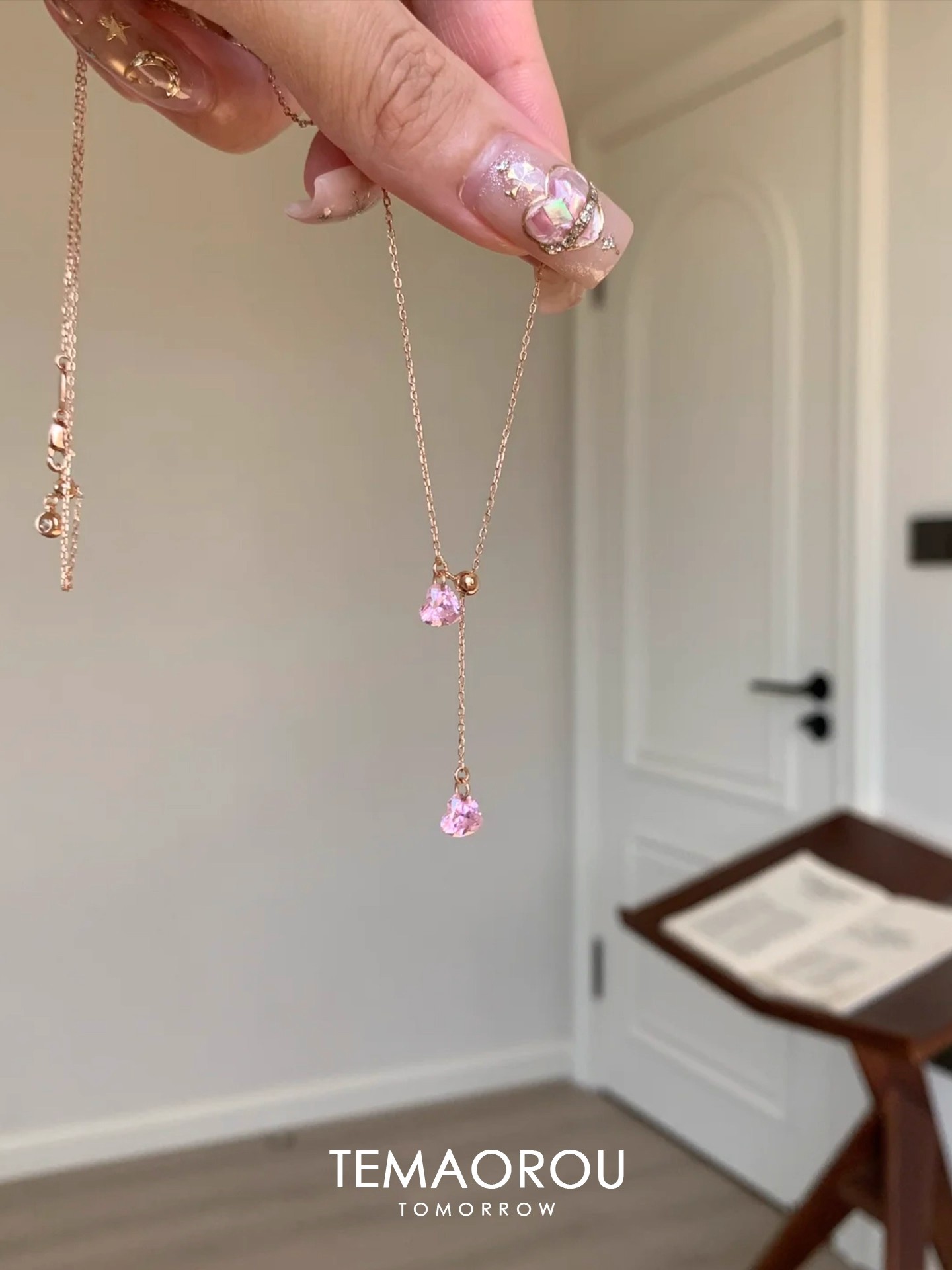 Rose Gold Pink Heart Zircon Necklace