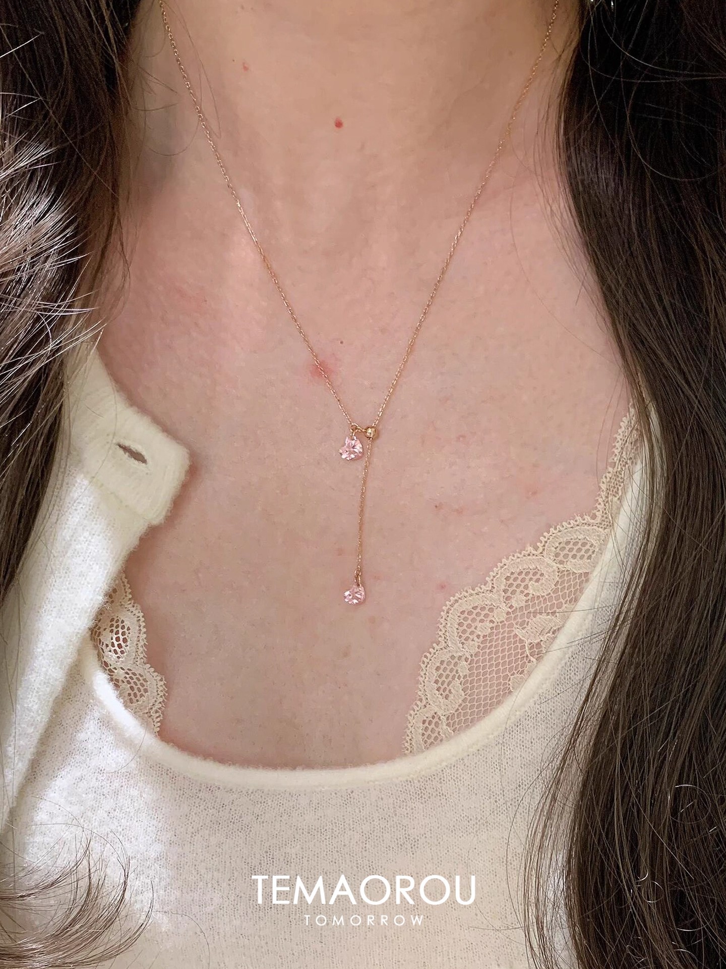 Rose Gold Pink Heart Zircon Necklace
